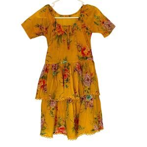 Zimmermann yellow gold floral cotton ruffle tiered sheer dress sz XS or kids 14
